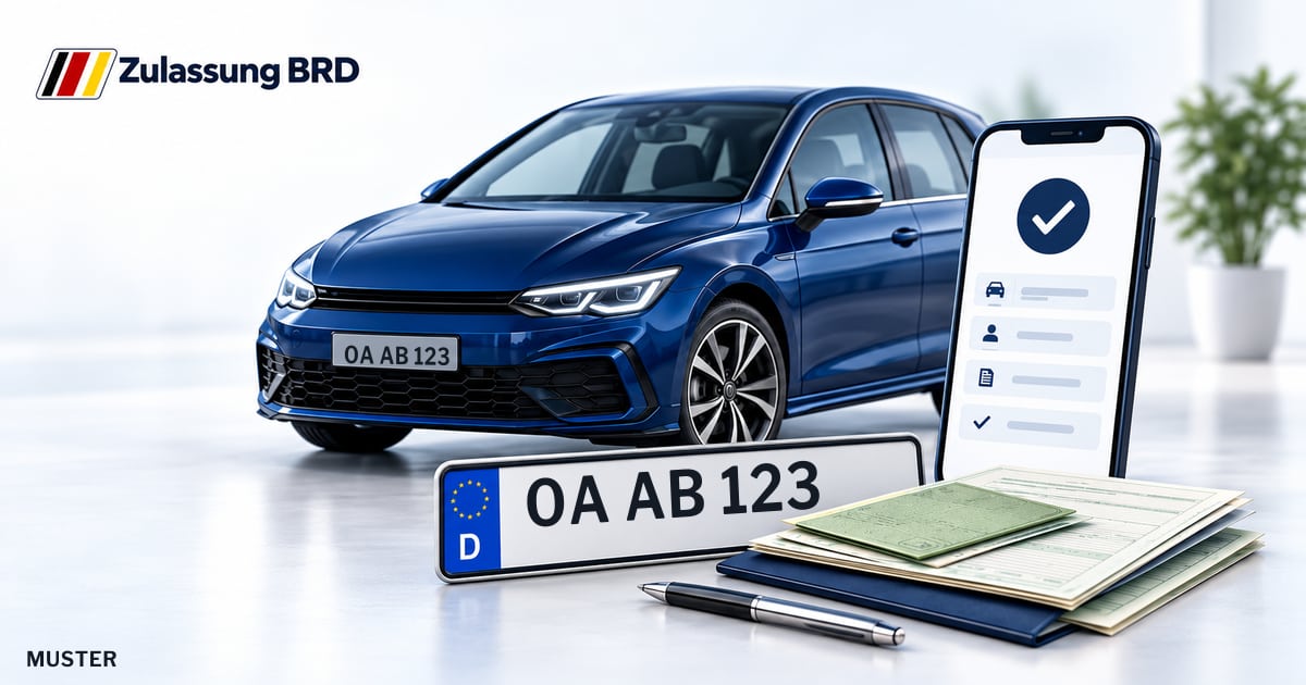 Online Fahrzeugzulassung in Sonthofen: Musterkennzeichen OA AB 123, Auto und Fahrzeugpapiere und Smartphone. Illustration mit Logo von Zulassung BRD.